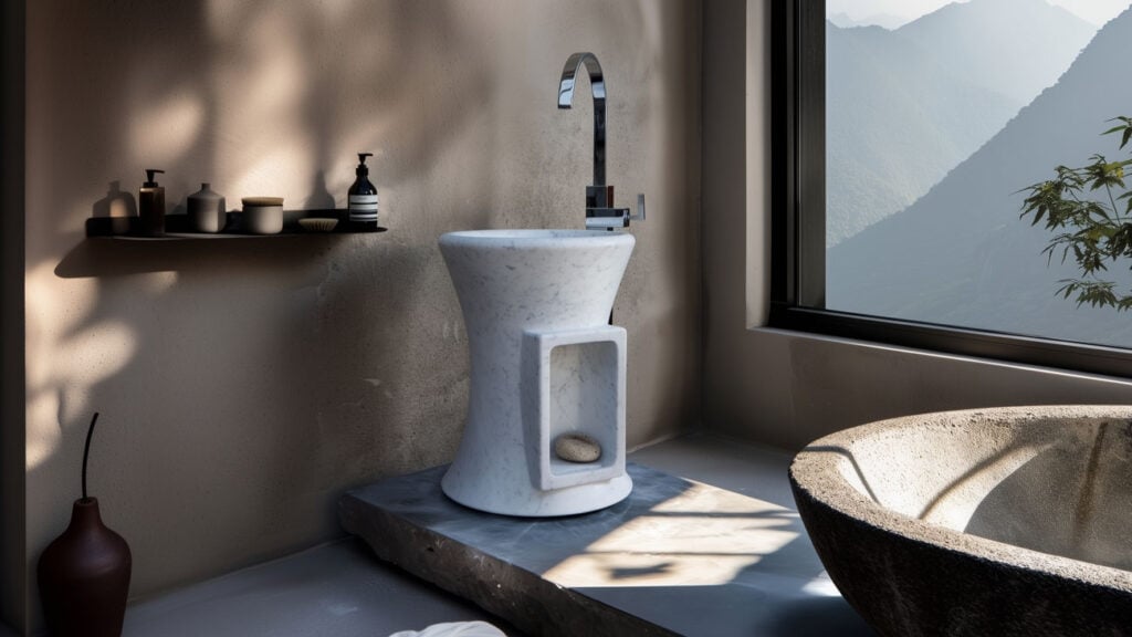 freestanding column sink in marble tino