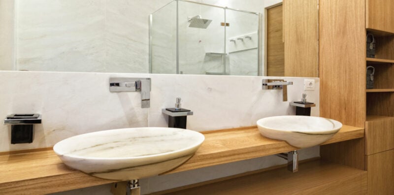 white marble and wood bathroom