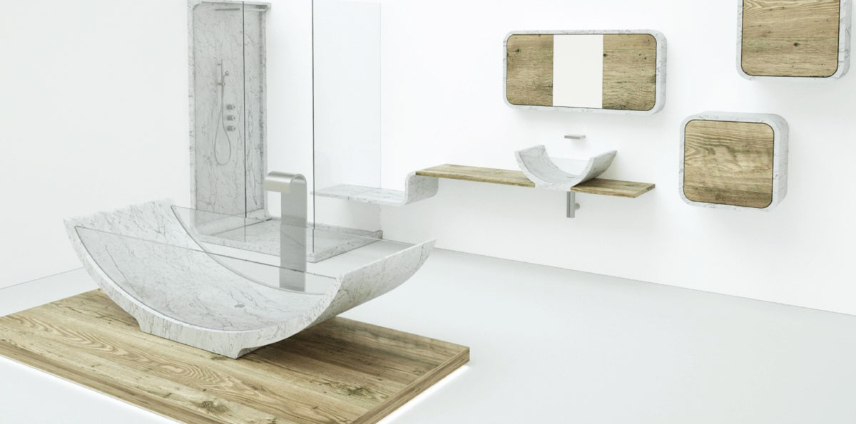 white marble and wood sink and bathtub