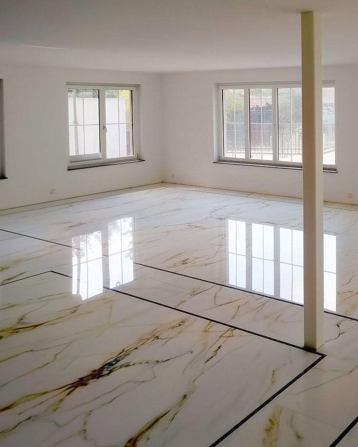 polished veined white marble floor