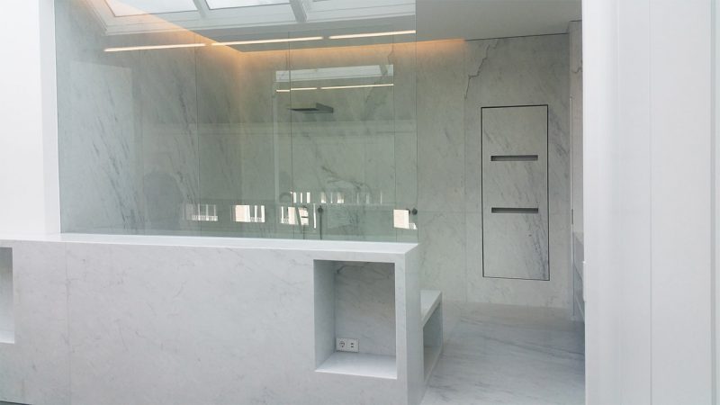 Custom white marble bathroom