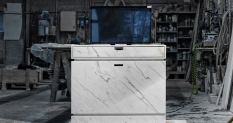 White TV Lift Cabinet in Marble