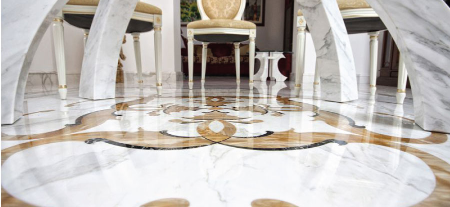fussboden mit intarsien aus weissem marmor