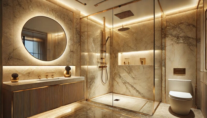 bagno moderno elegante con doccia e specchio.led