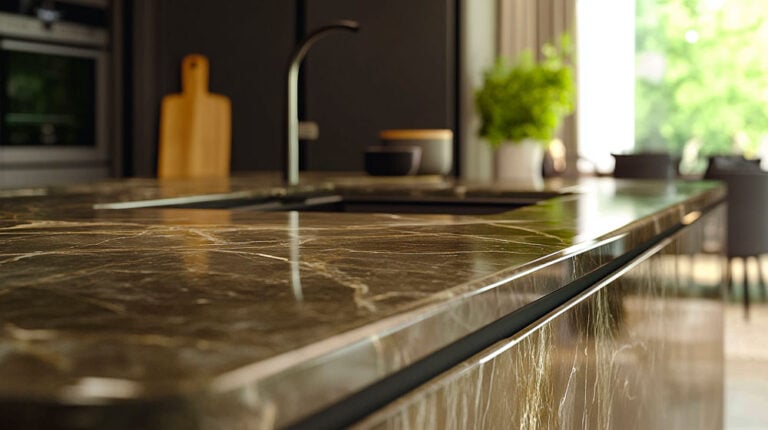 kitchen with dark marble countertop