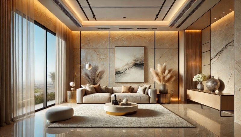 soggiorno con parete in pietra abbinamento mobili