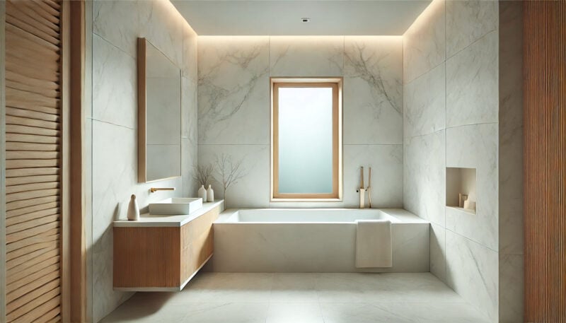 white marble and wood bathroom