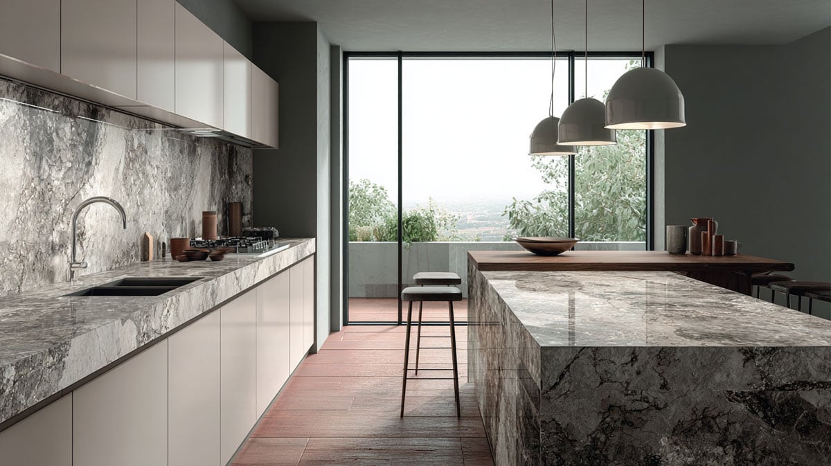 alzate cucina in marmo bianco e grigio venato paraschizzi