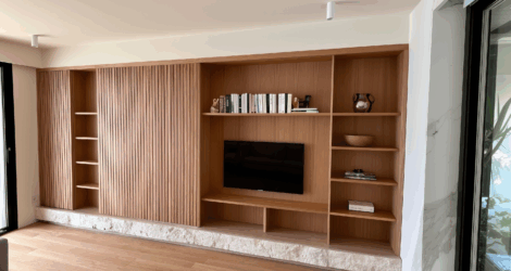 Custom Wooden Cabinet with Roman Travertine Base | Dedalo Stone Project