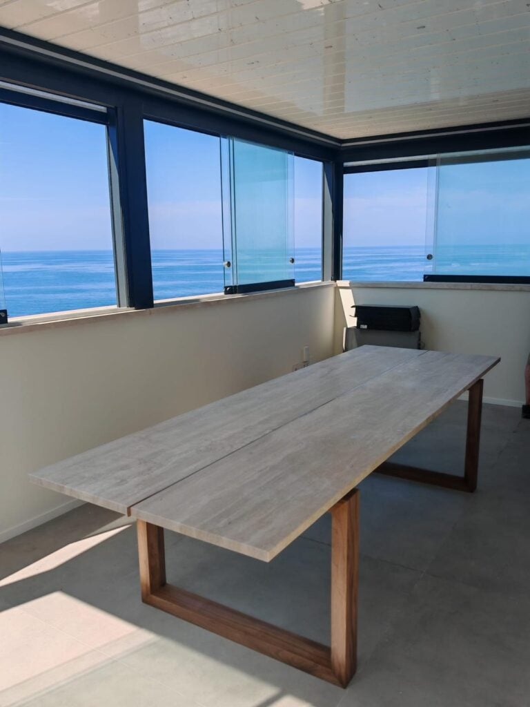 wood and travertine table